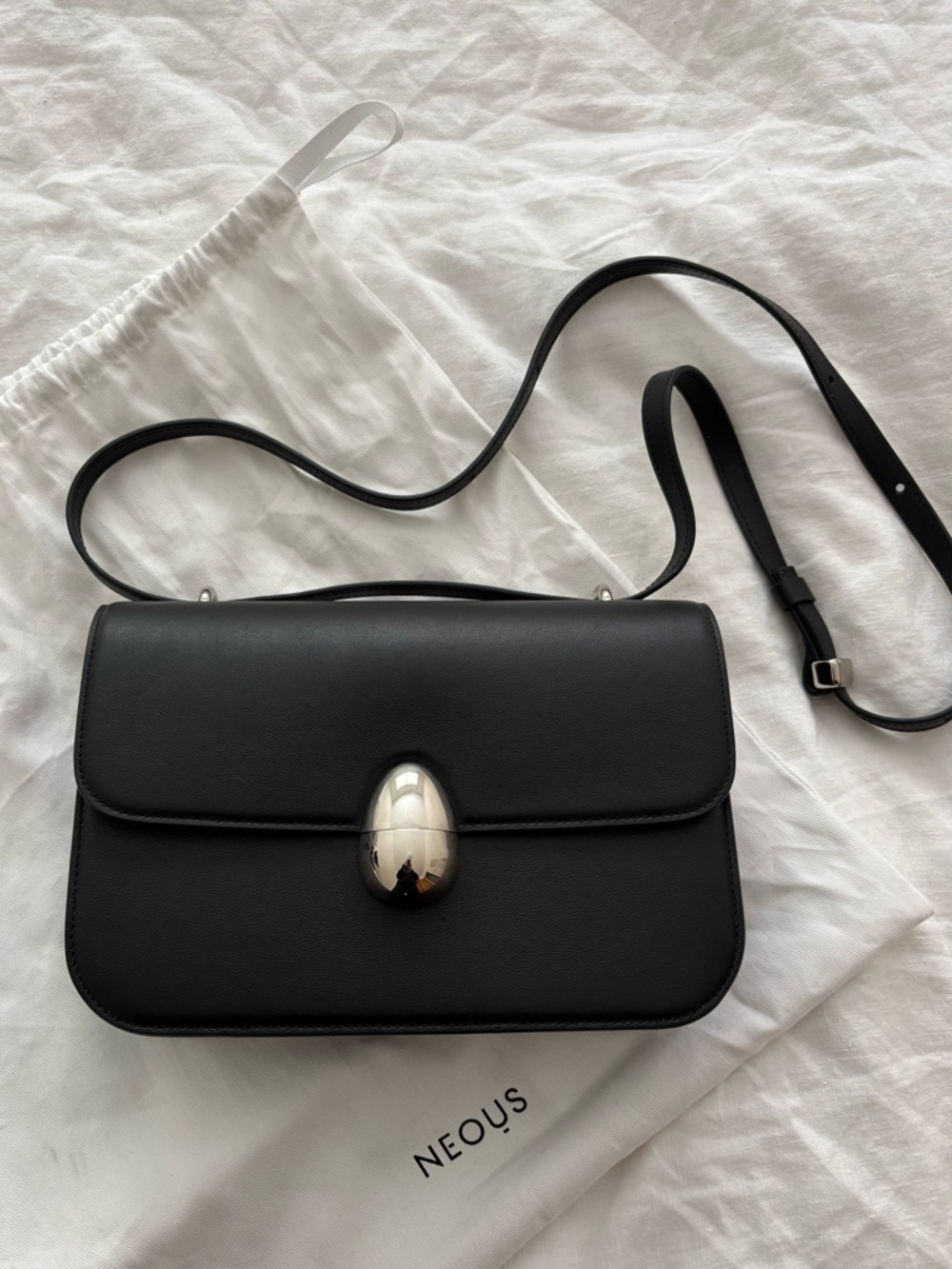 Neous Phoenix Adjustable Crossbody Handbag Black Leather Silver Hardware